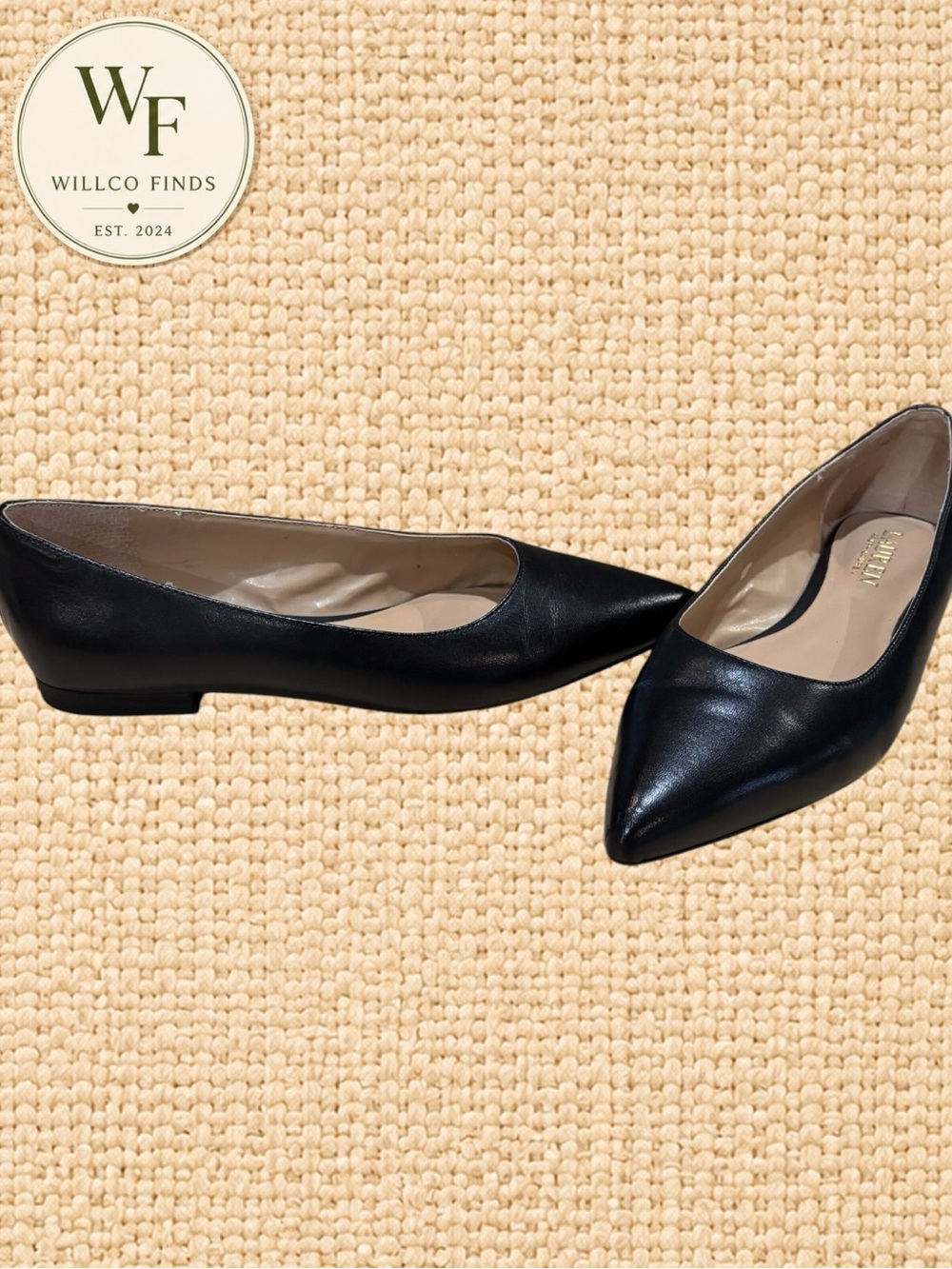 Lauren Ralph Lauren Women’s Black Leather Pointed Toe Flats Gold Logo 6